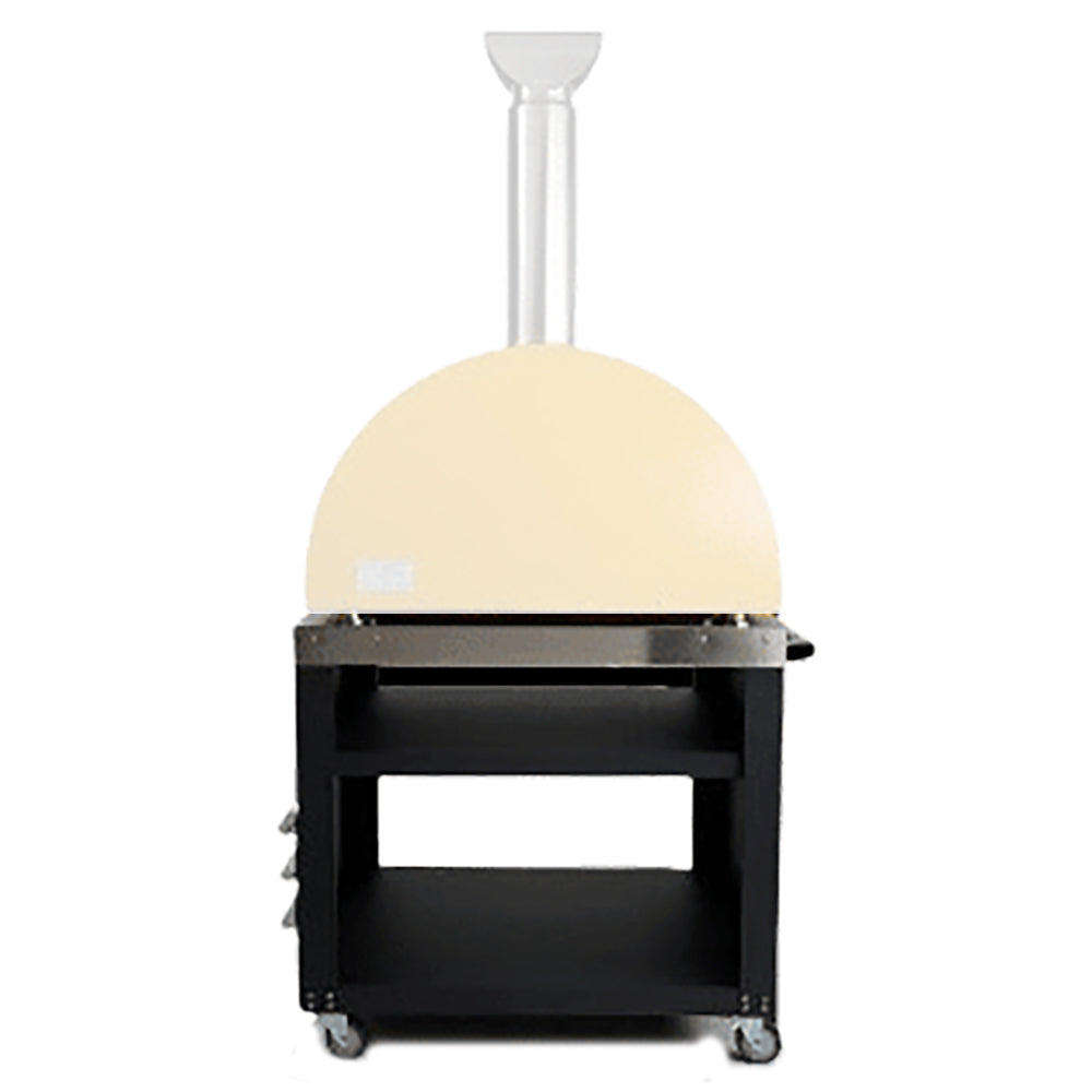 Black pizza oven cart with tall stand and front shelf, topped with oven dome