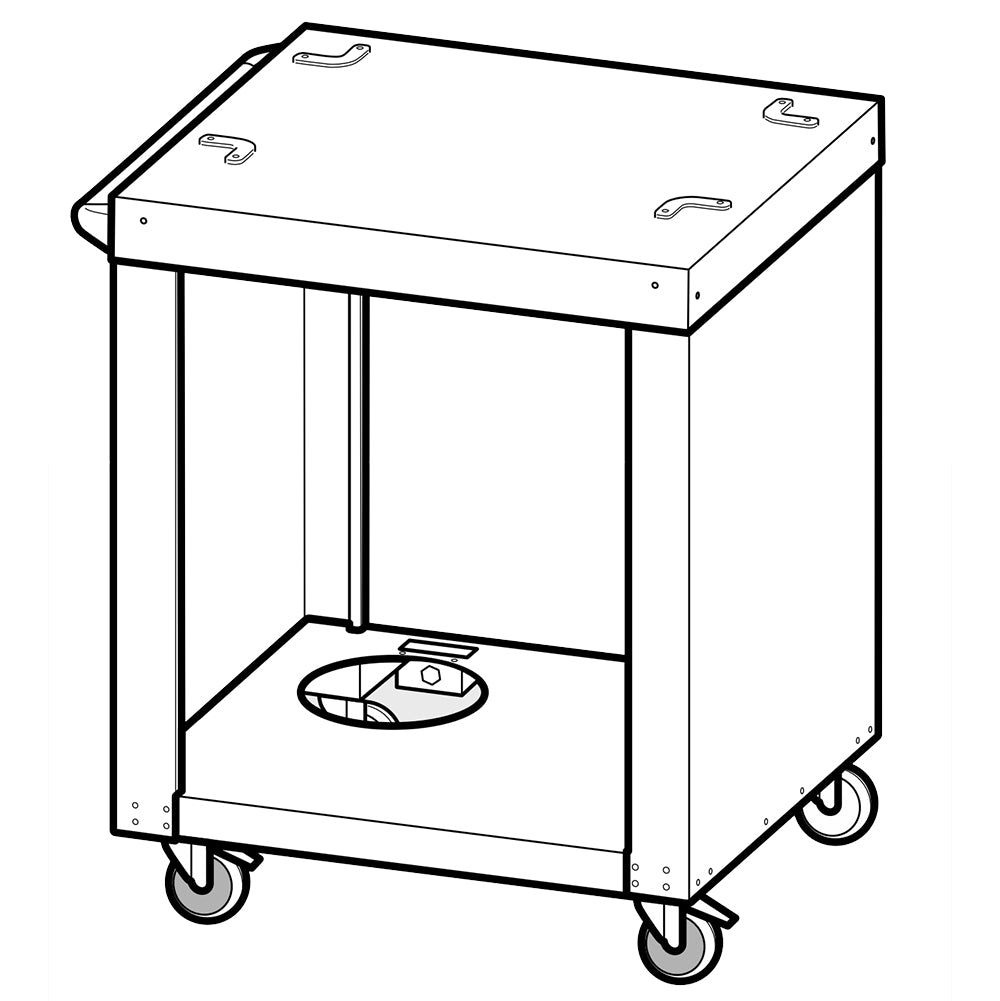 Pizza oven cart with enclosed metal base, four wheels, and side opening