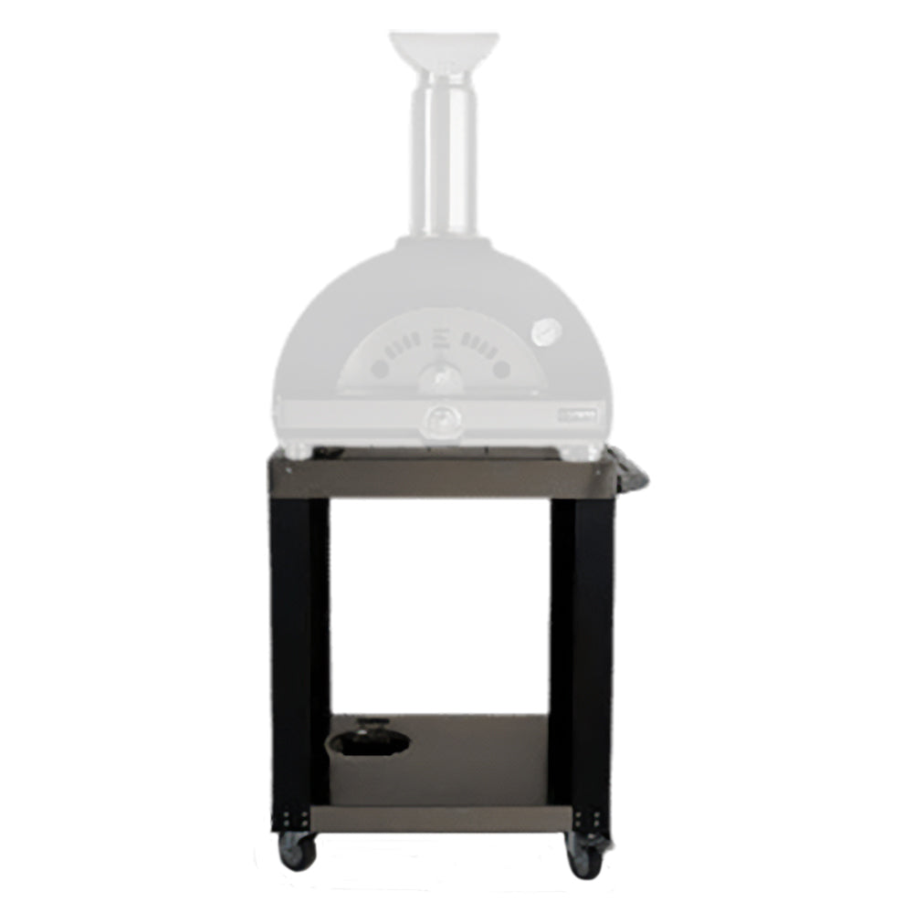 Hybrid pizza oven on wheeled cart with black cabinet and white dome top