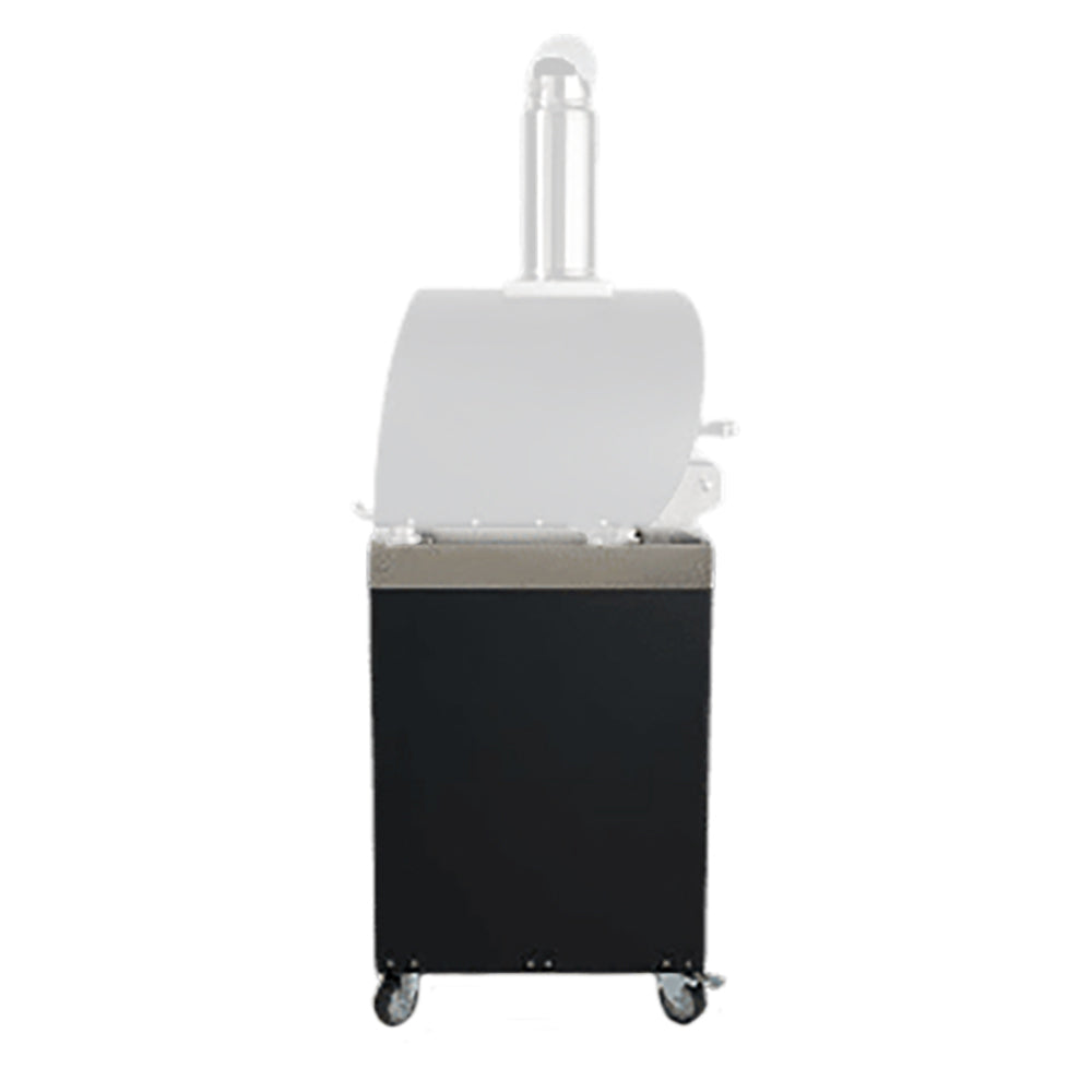 Pizza oven on wheeled cart with black lower cabinet and white dome chimney