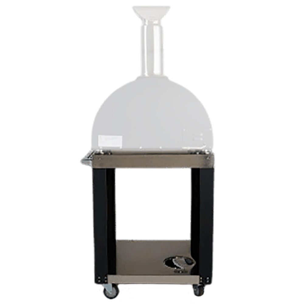 Wheeled pizza oven cart with white dome, dark cabinet, and open front shelf