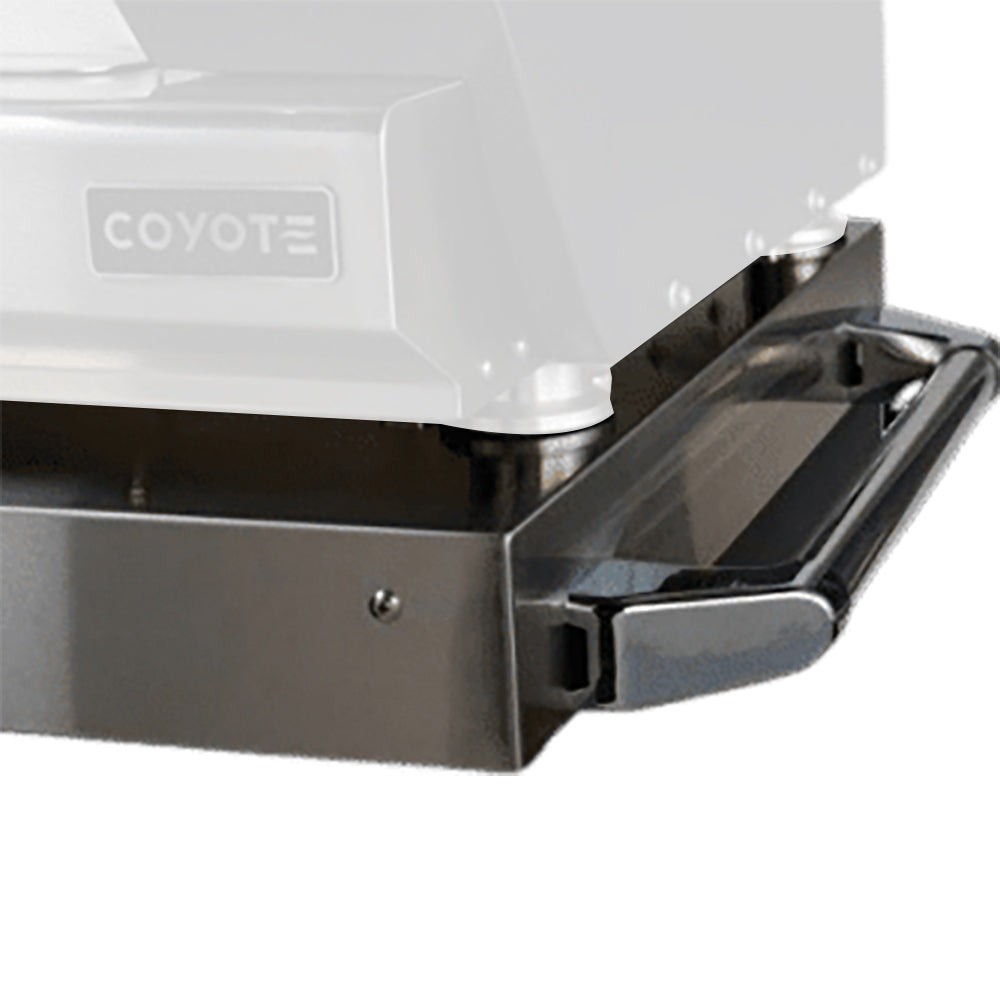 Pizza oven side control shelf with latch and metal front panel