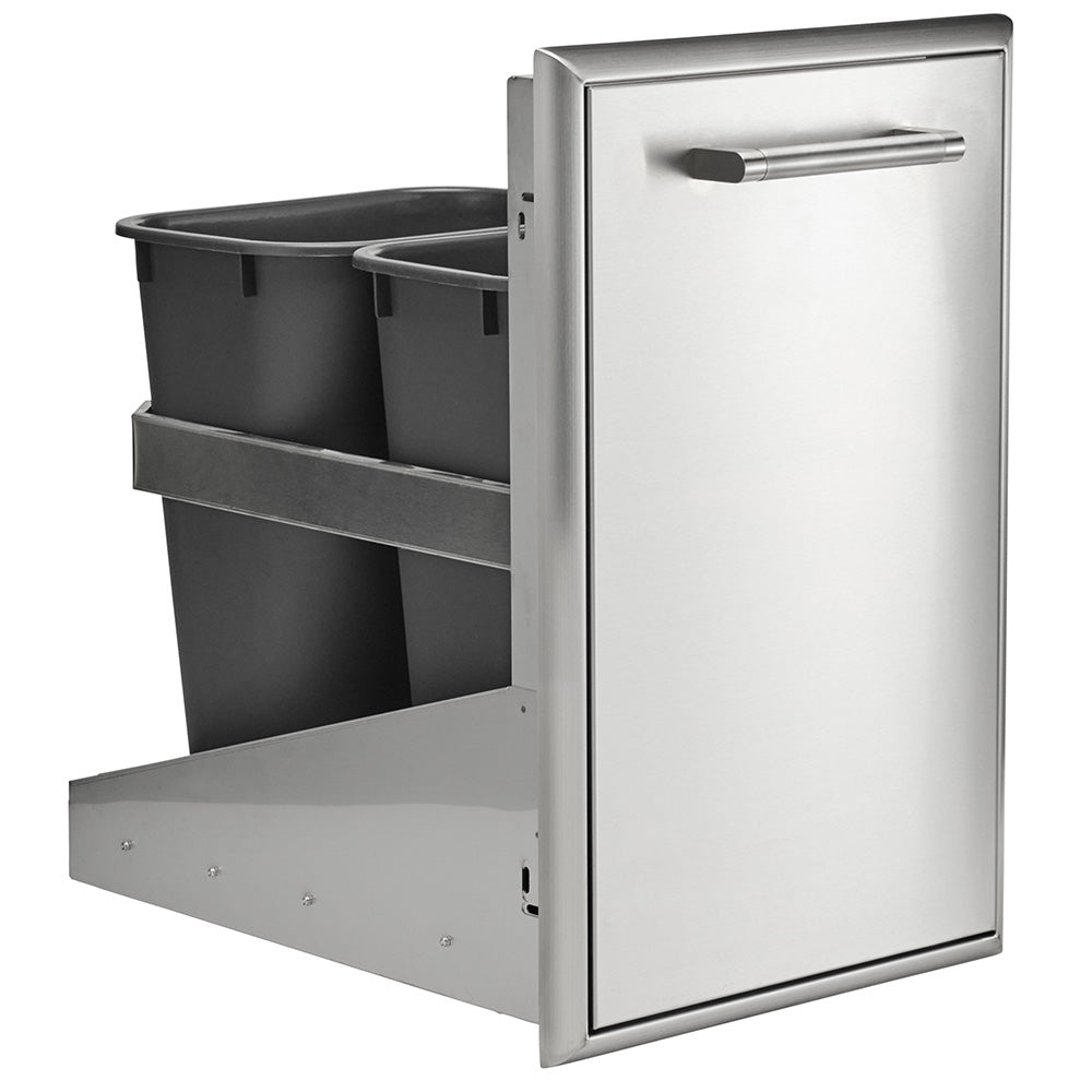 Pull-out trash and recycle drawer with two black bins and stainless steel frame, open door