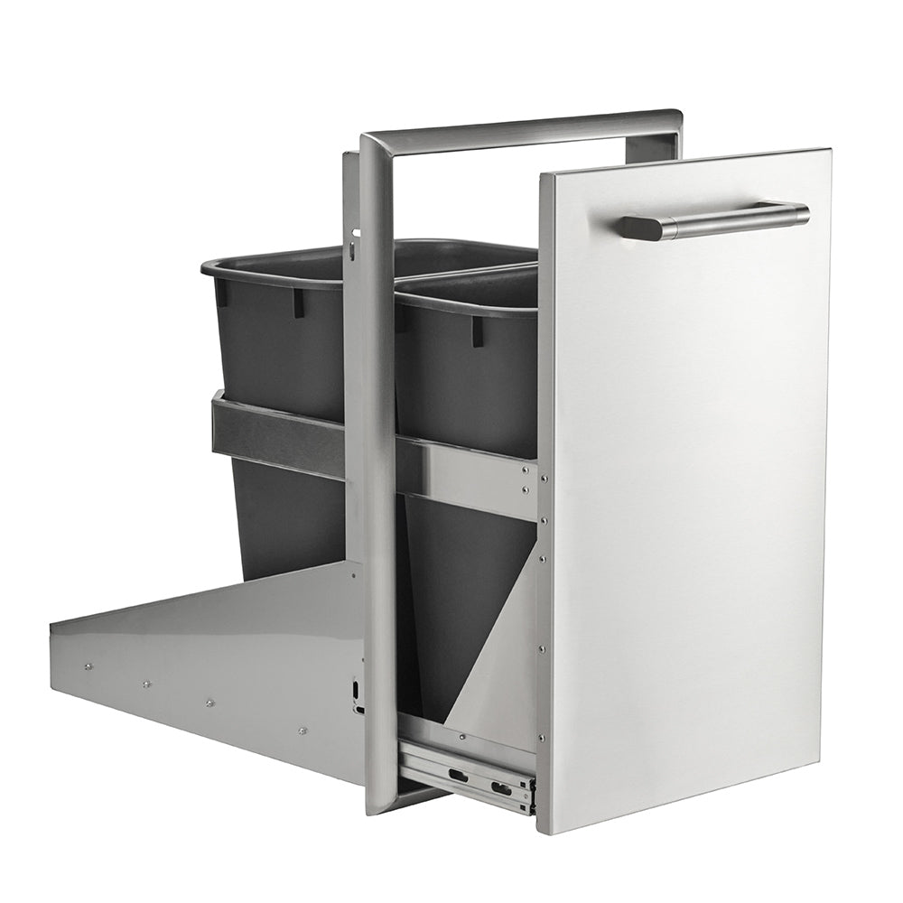 Pull-out trash and recycle drawer with two black bins, stainless steel frame and extended tray