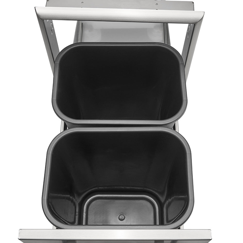 Pull-out trash and recycle drawer showing two black inner containers with front handles
