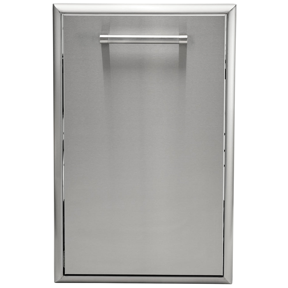Stainless steel pull-out trash and recycle drawer, front panel closed