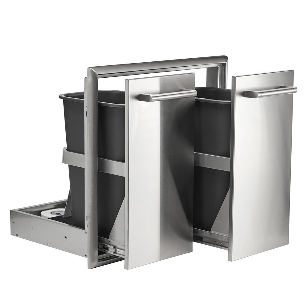 Open stainless dual pull-out drawers showing two inner bins, dark and light gray