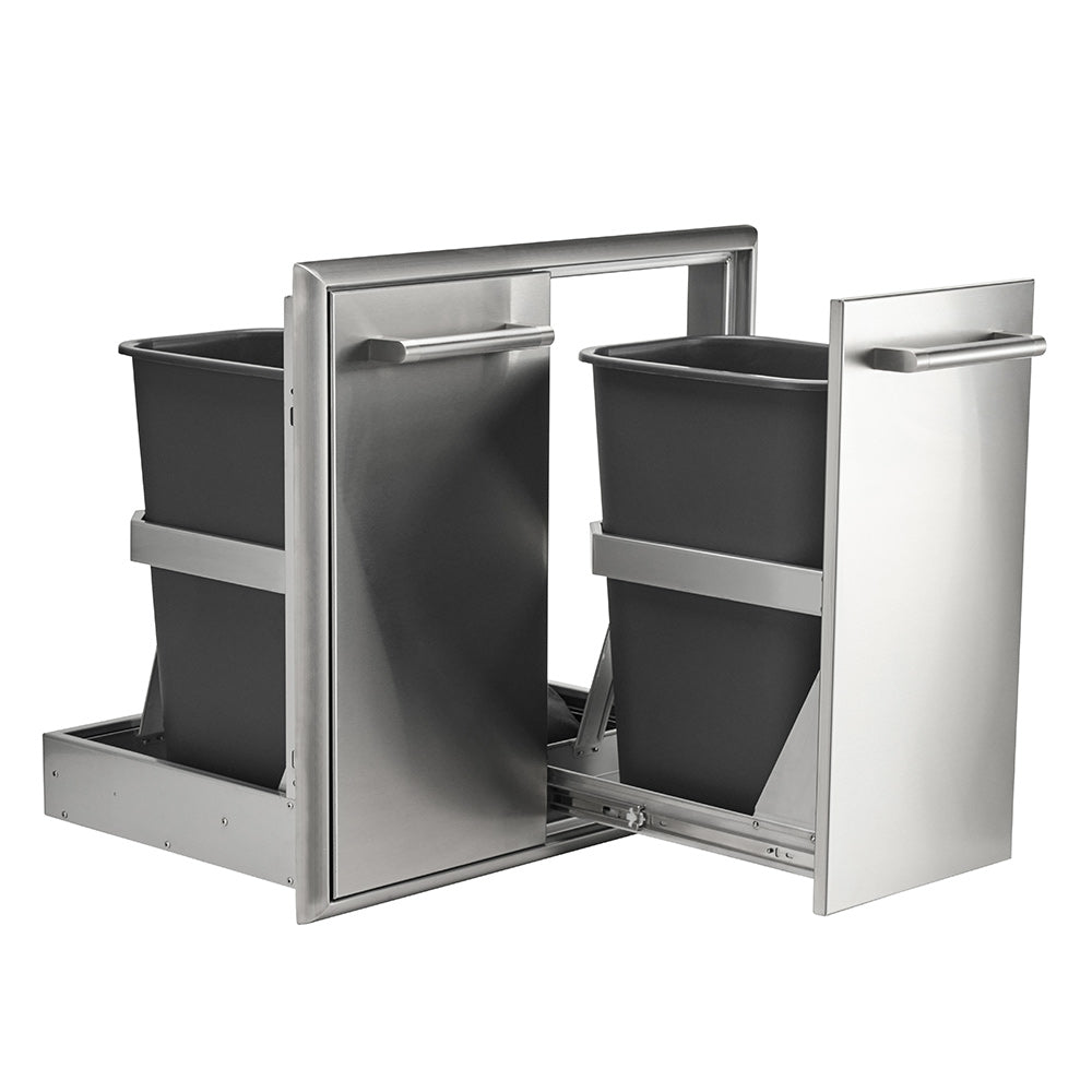 Open stainless dual pull-out waste drawers with two bins and hinged doors