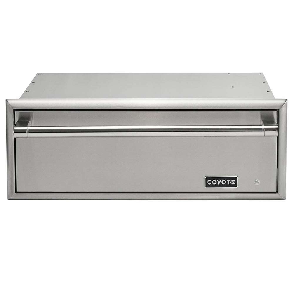 Stainless steel warming drawer front with Coyote logo and control panel