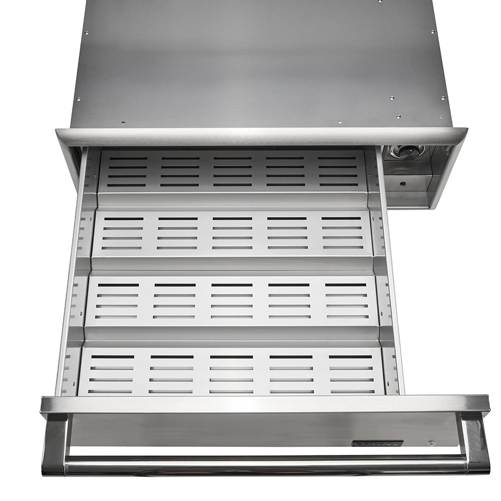 Stainless steel warming drawer open with vented warming racks and rails