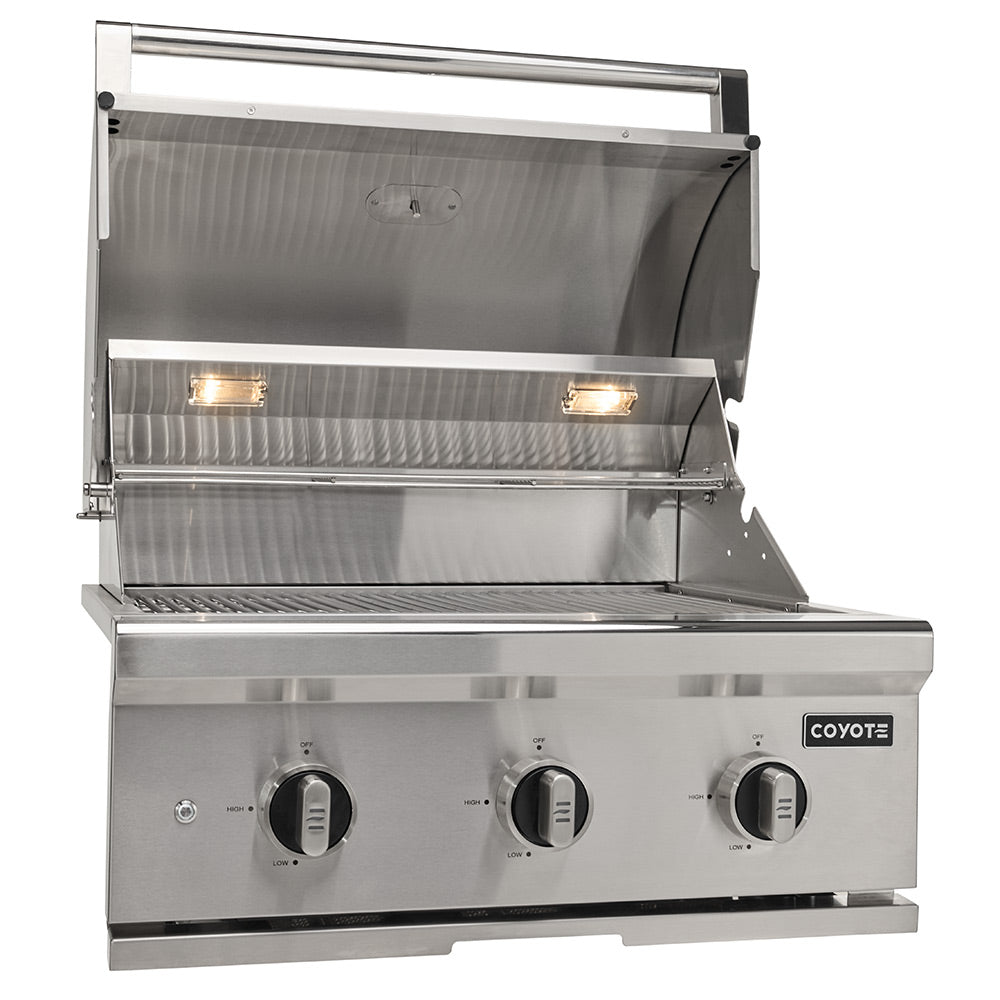Stainless steel built-in gas grill with open hood, side lighting, and three front control knobs