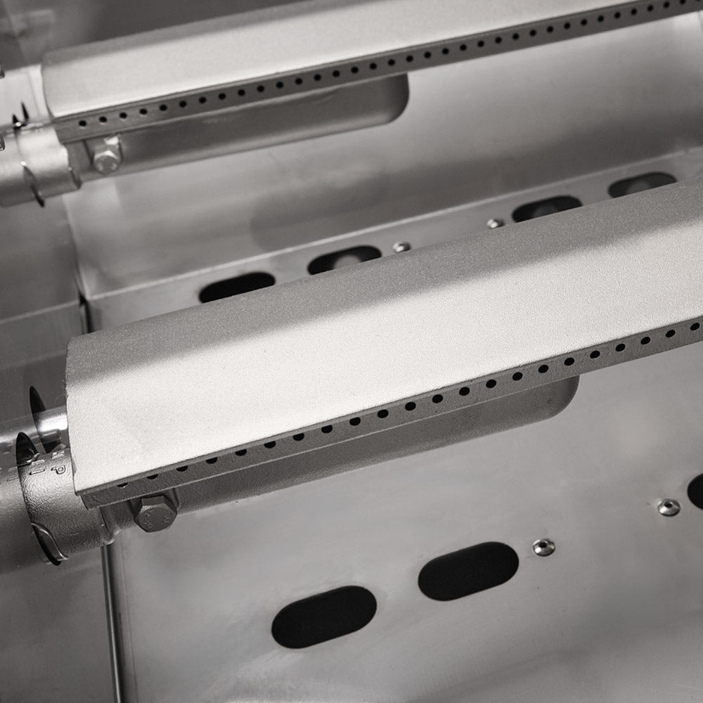 Stainless steel grill burner assembly with vent holes and metal heat shield