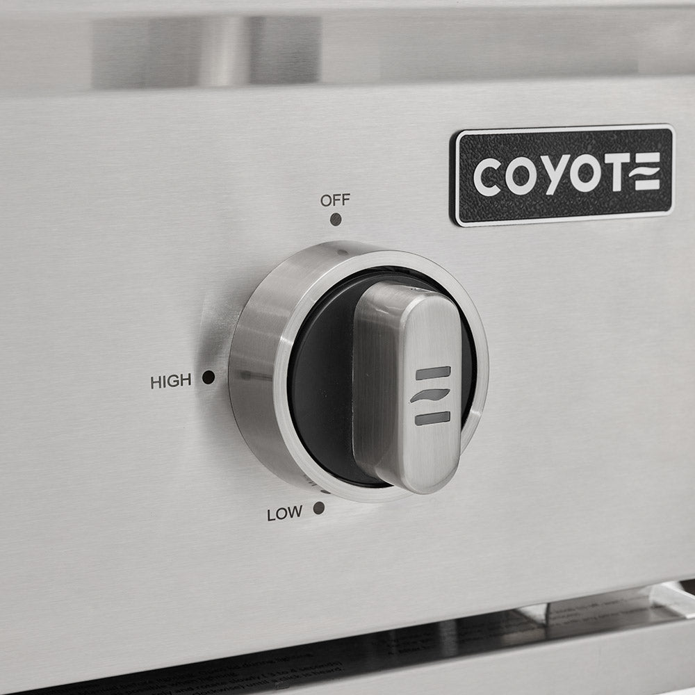 Stainless steel grill control knob dial with HIGH, MEDIUM, LOW settings and COYOTE logo