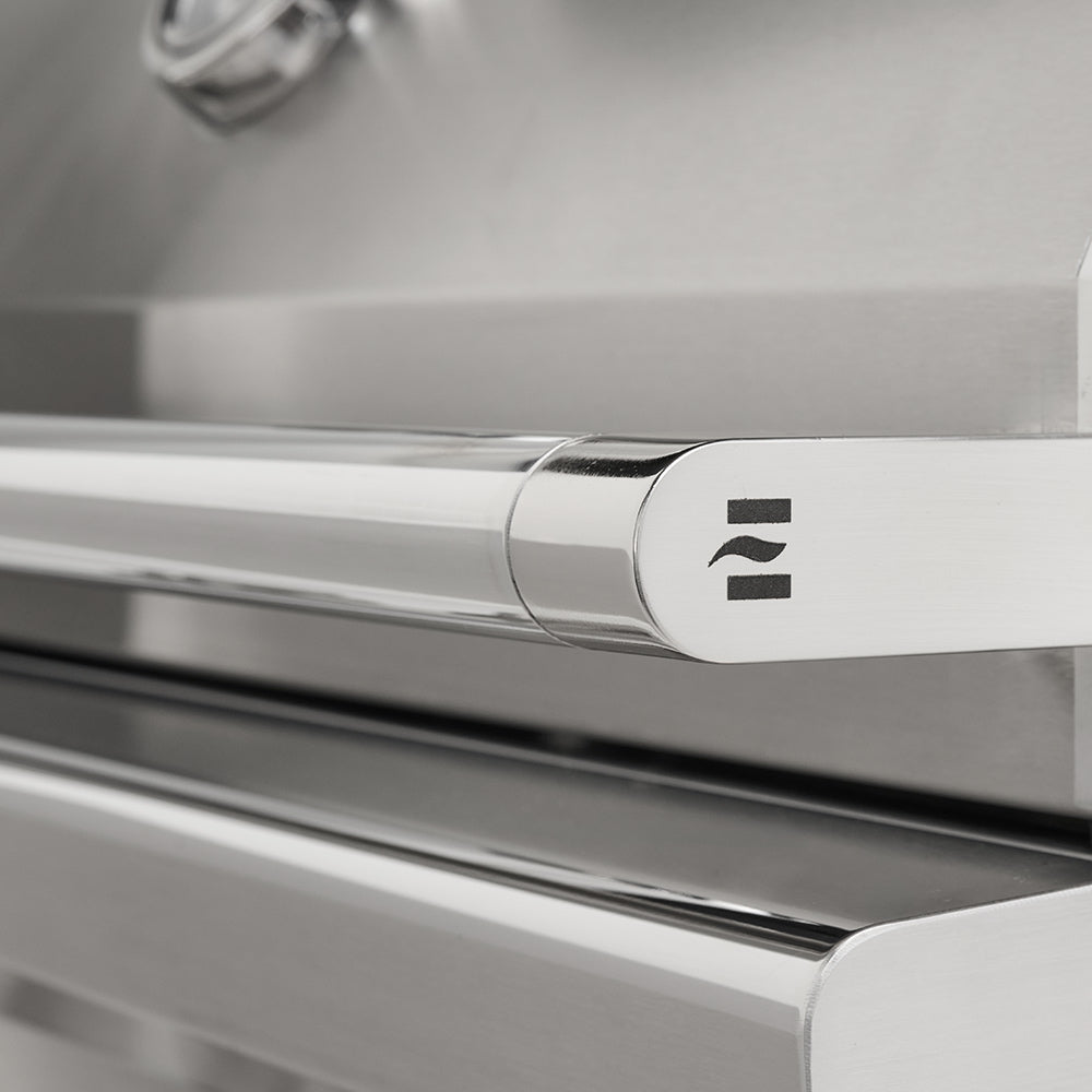 Stainless steel grill side handle with control knob and black indicator marking