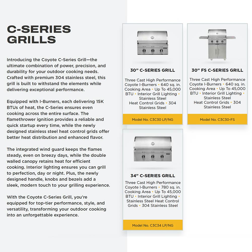 C-series gas grills information graphic for stainless steel built-in model with burner details