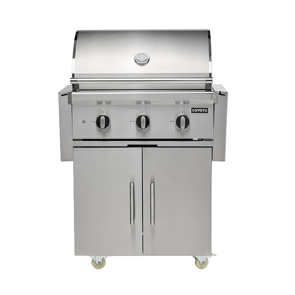 Stainless steel freestanding gas grill with open lid and three burner control knobs