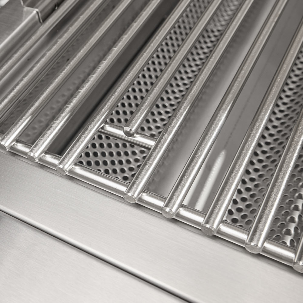 Vented stainless steel cooking grate with raised ridges and holes