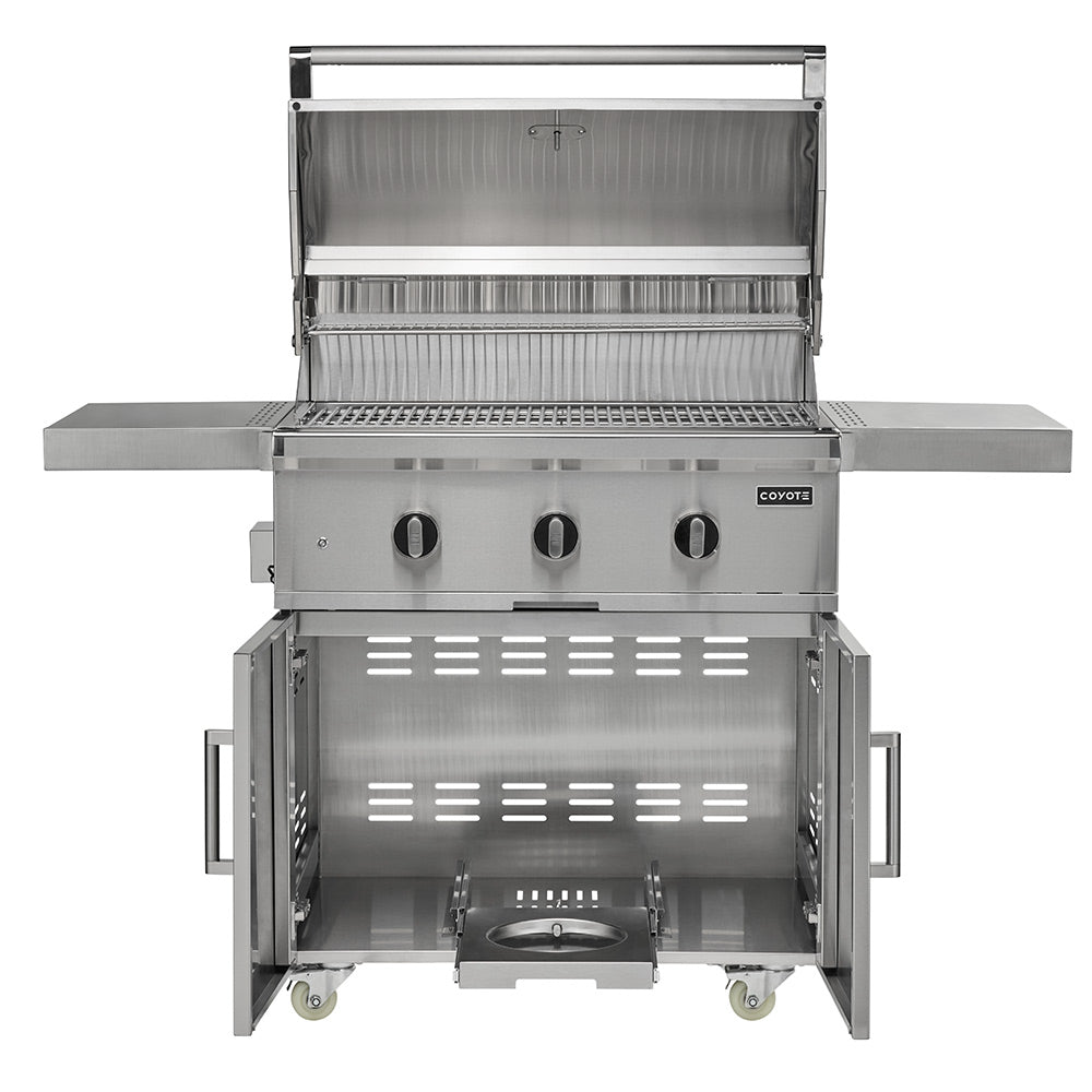 Freestanding gas grill with open hood, burner area, and side shelves