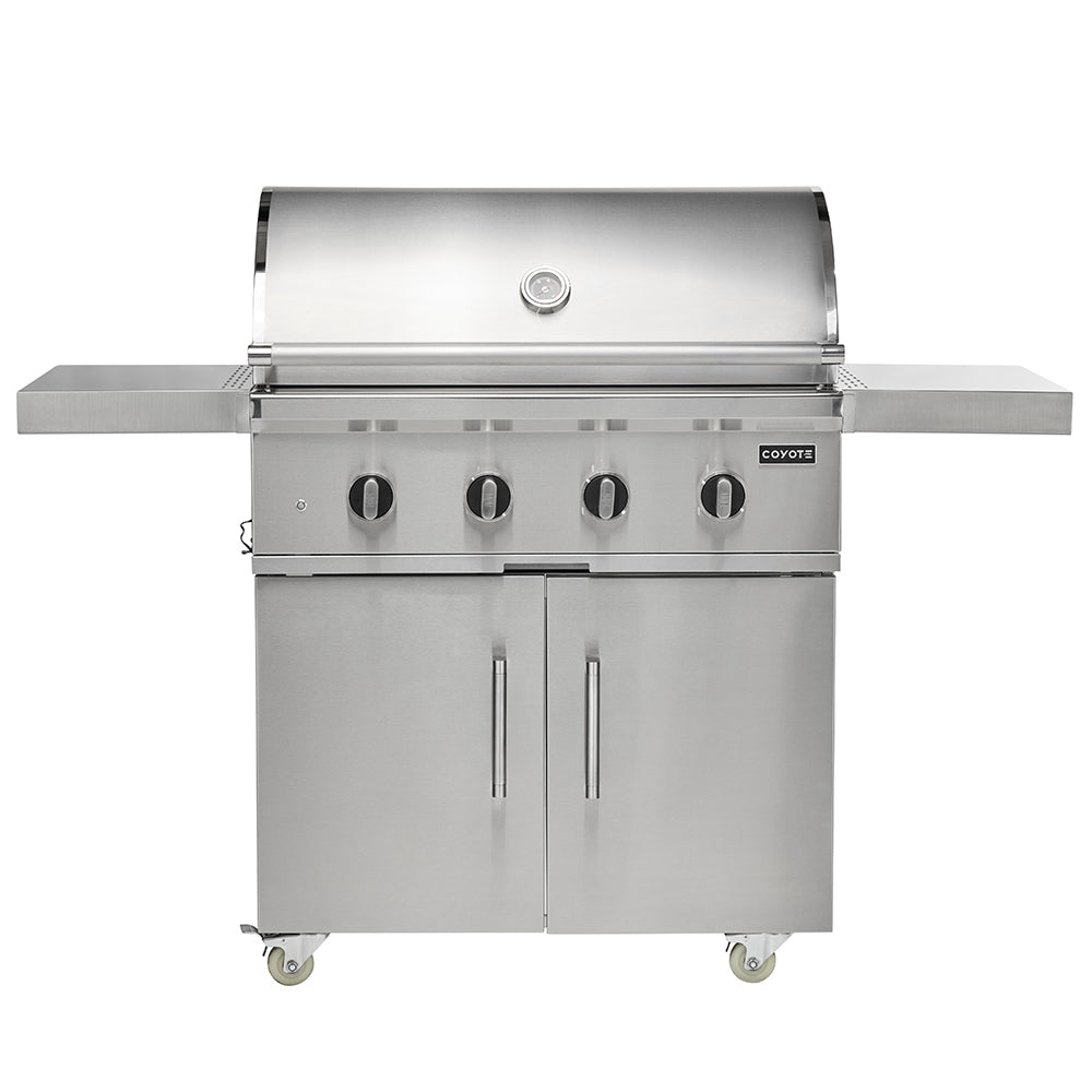 Stainless steel freestanding gas grill with four control knobs and side shelves