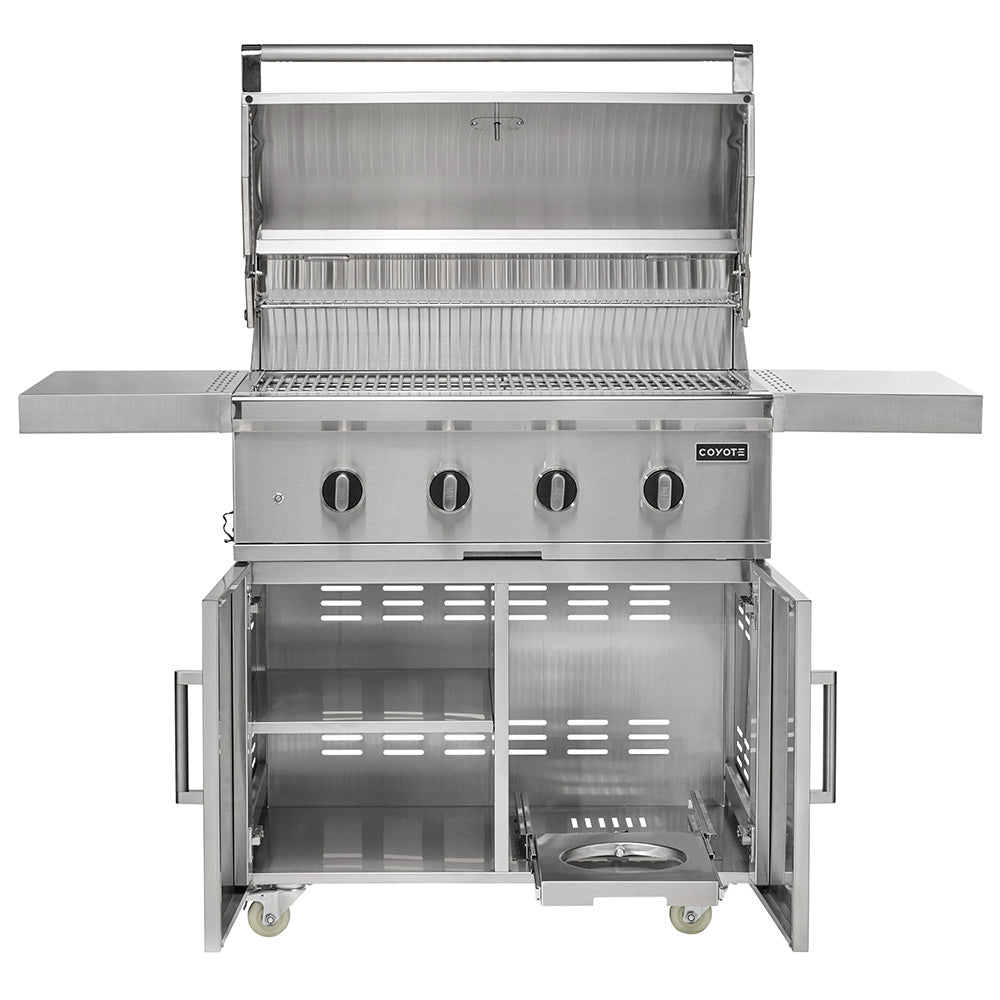 Freestanding stainless gas grill with open lid, burners, and warming rack