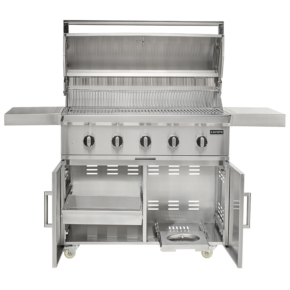 Open stainless steel gas grill with cooking grates, warming rack, and four burners
