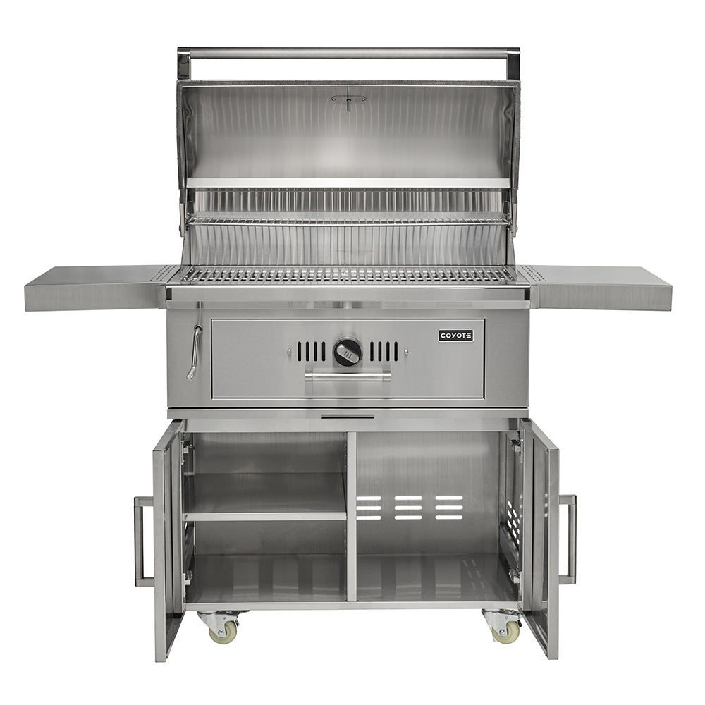 Stainless steel freestanding charcoal grill with open lid and interior cooking area