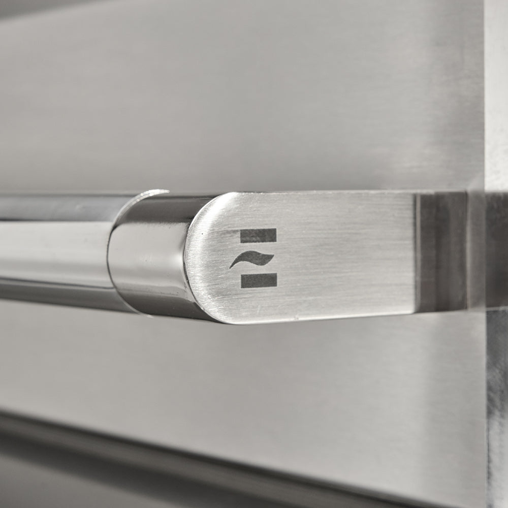 Stainless steel grill handle with charcoal icon label