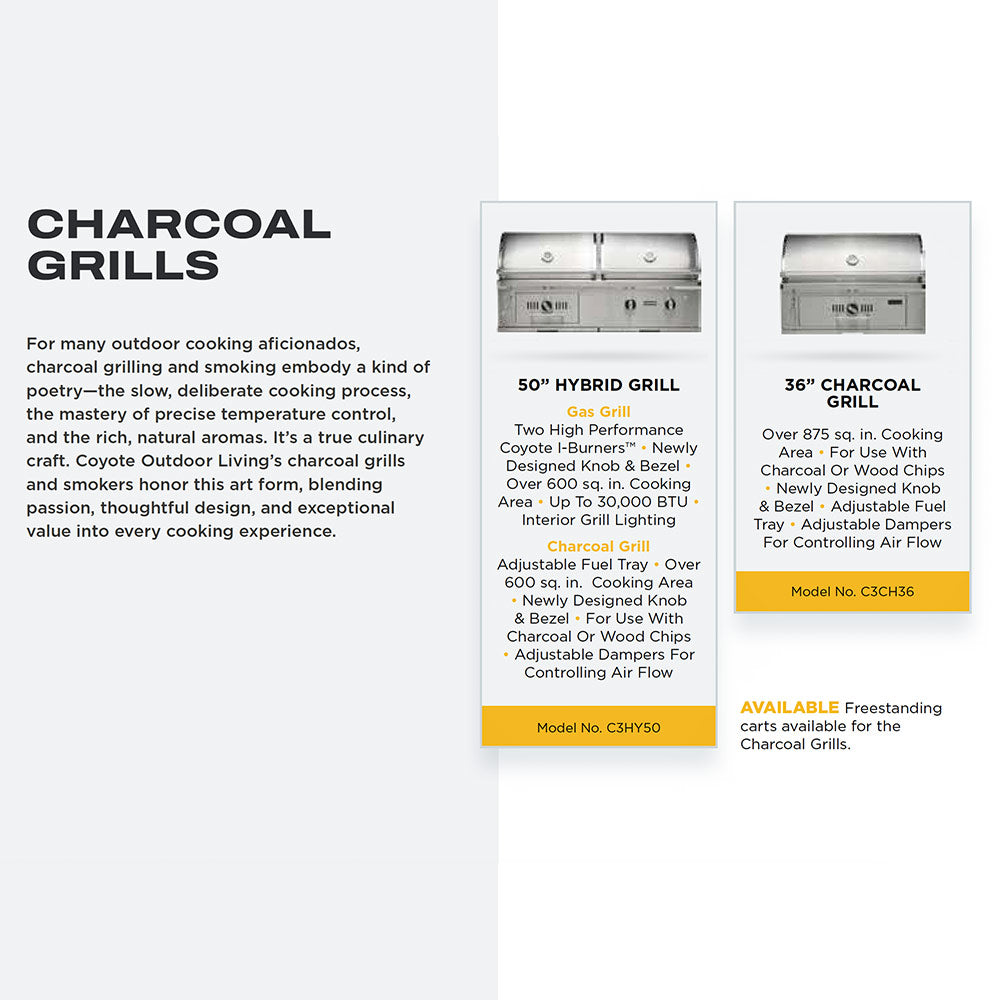 Charcoal grills brochure panel with model details for hybrid and 36 in grills