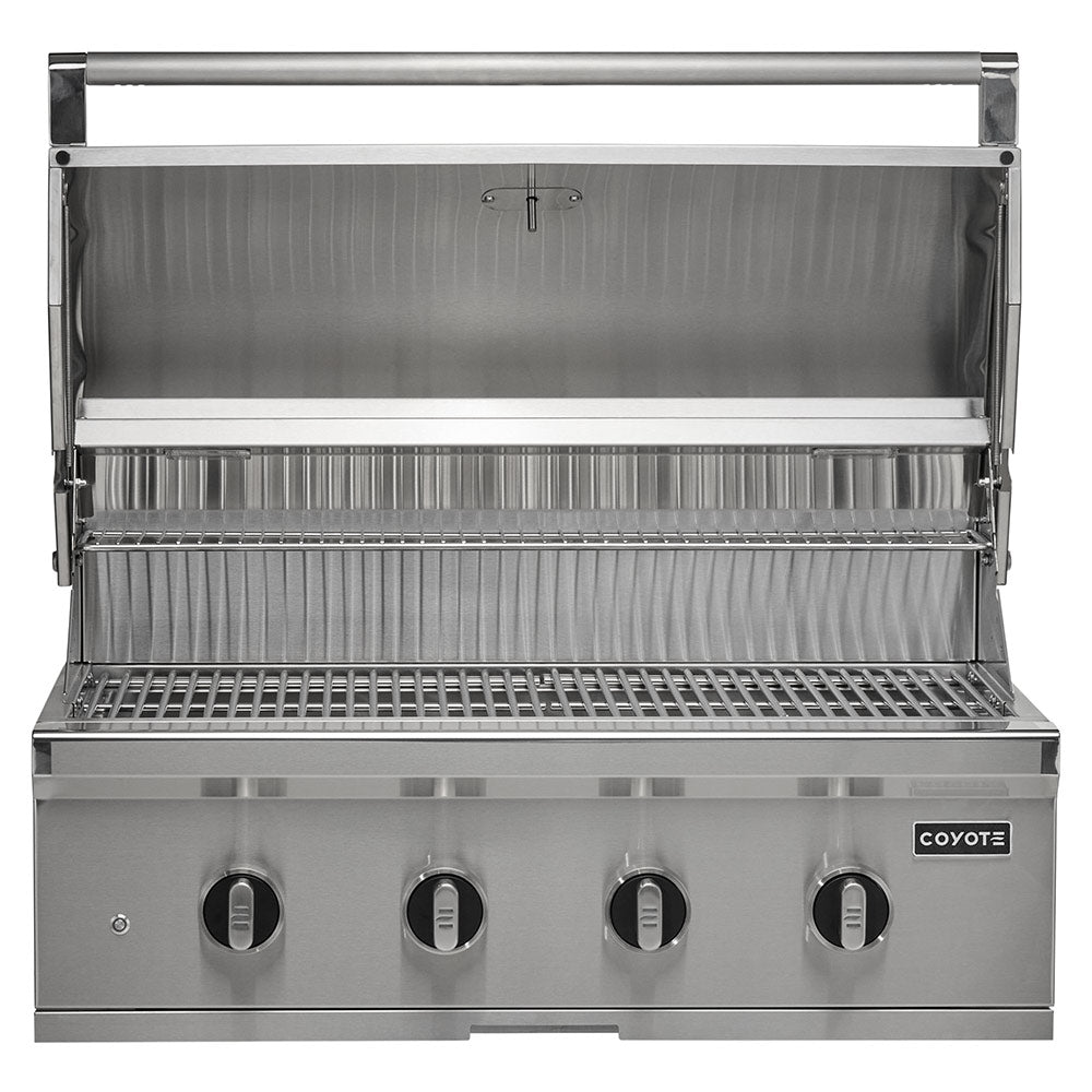 Stainless steel built-in gas grill with open lid, cooking grates, and four control knobs