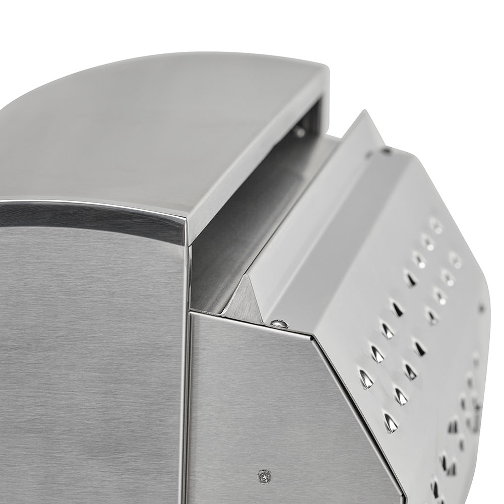 Stainless steel grill hood edge and vented side panel with control cutouts