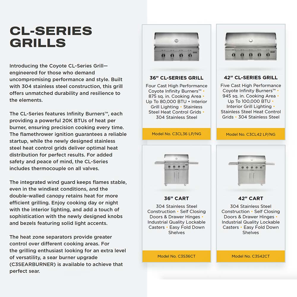 CL-Series grills brochure graphic comparing 36-inch and 42-inch grill models