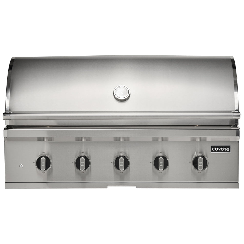 Built-in stainless steel gas grill front panel with control knobs and lid handle