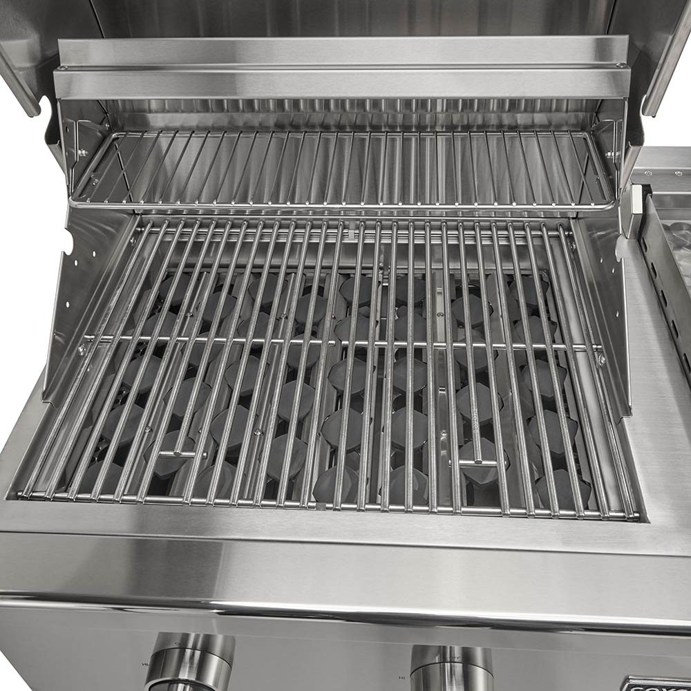 Stainless steel grill firebox with cooking grate and lower warming rack