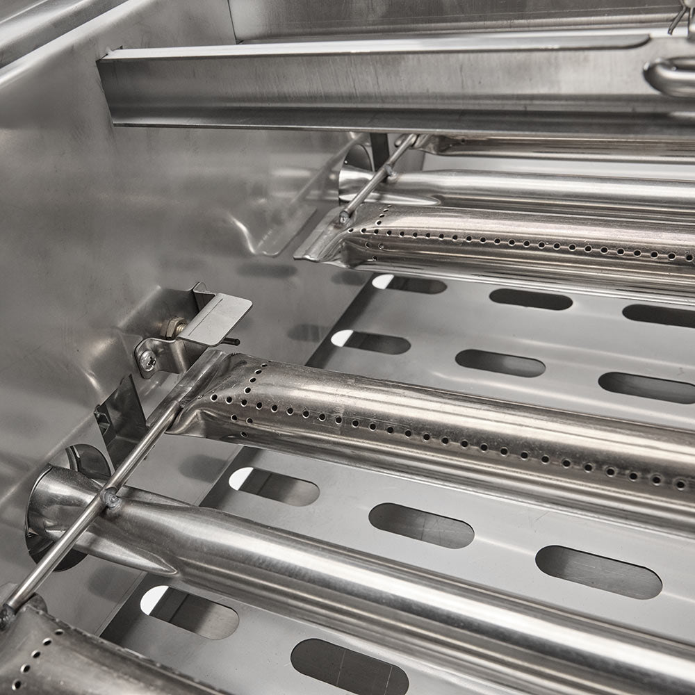 Stainless steel burner tubes and perforated heat shield panels inside the grill