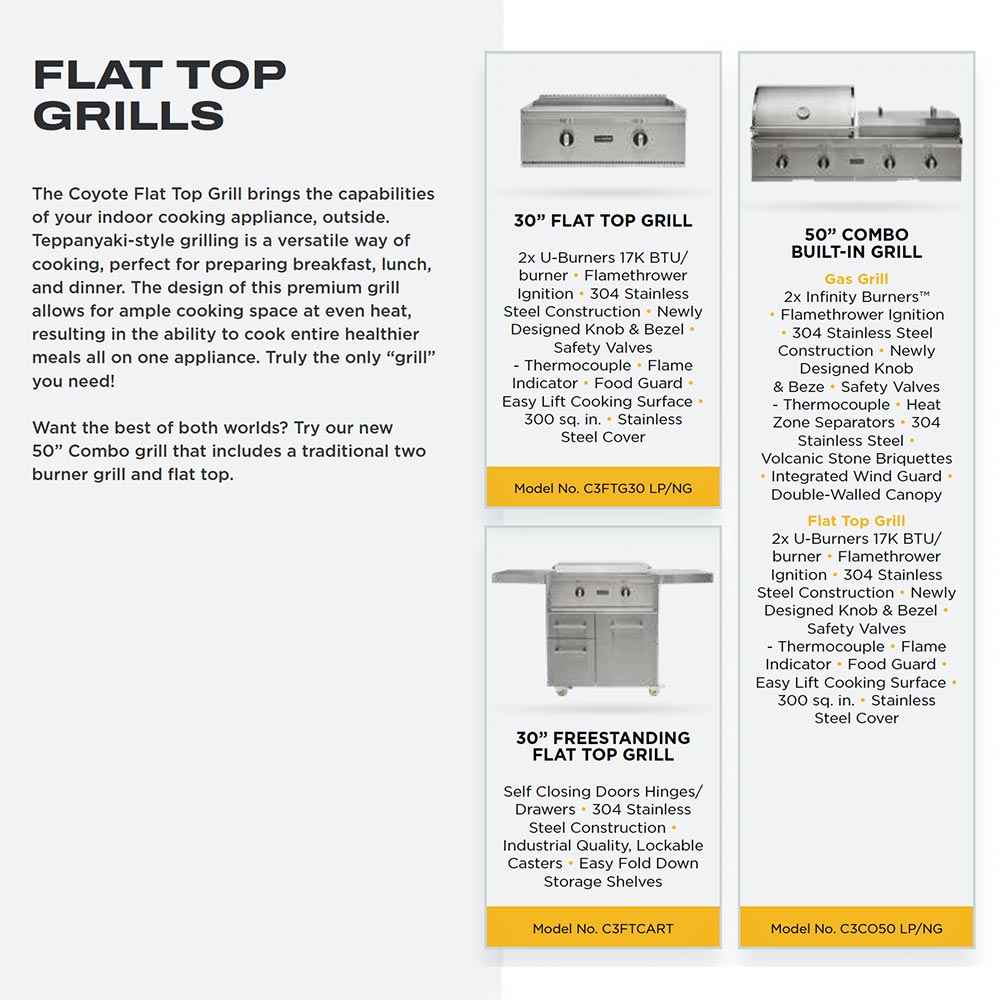 Flat top grills brochure page showing combo grill diagrams and model specifications