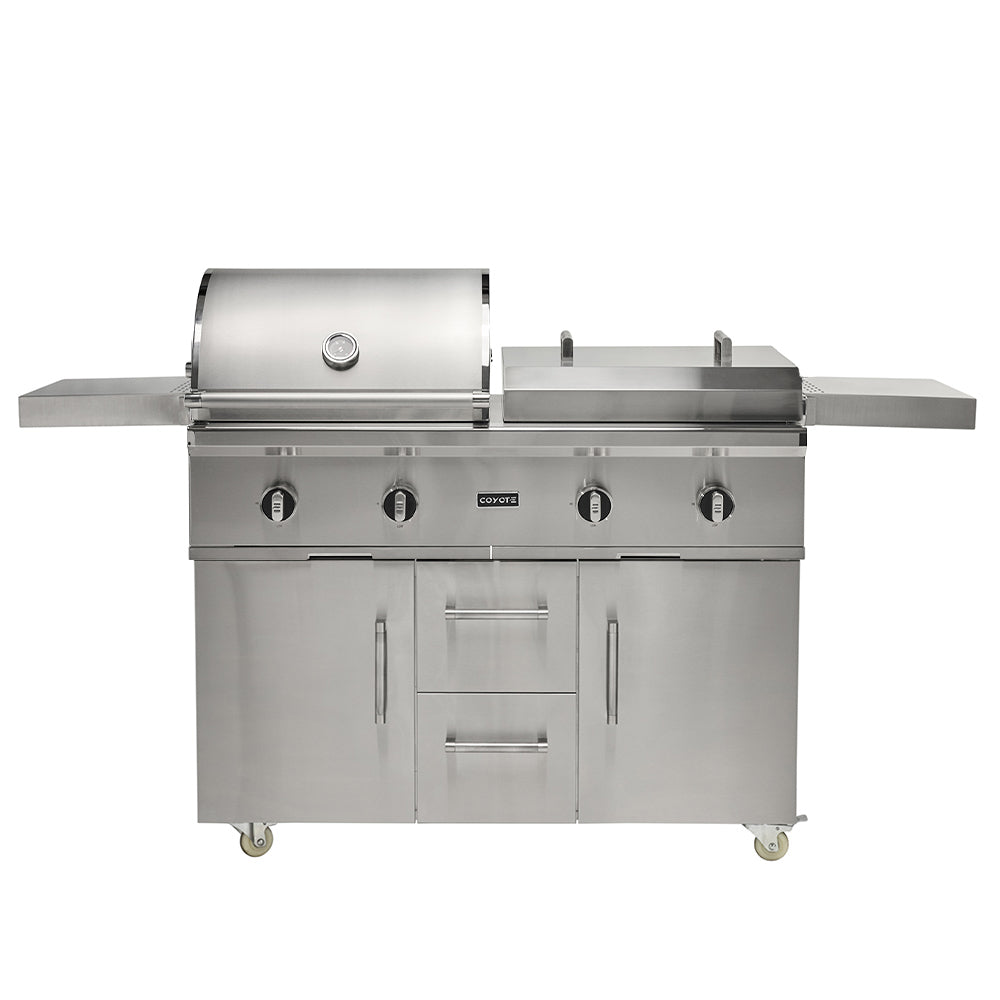 Stainless steel freestanding combo grill with flat top, front control panel