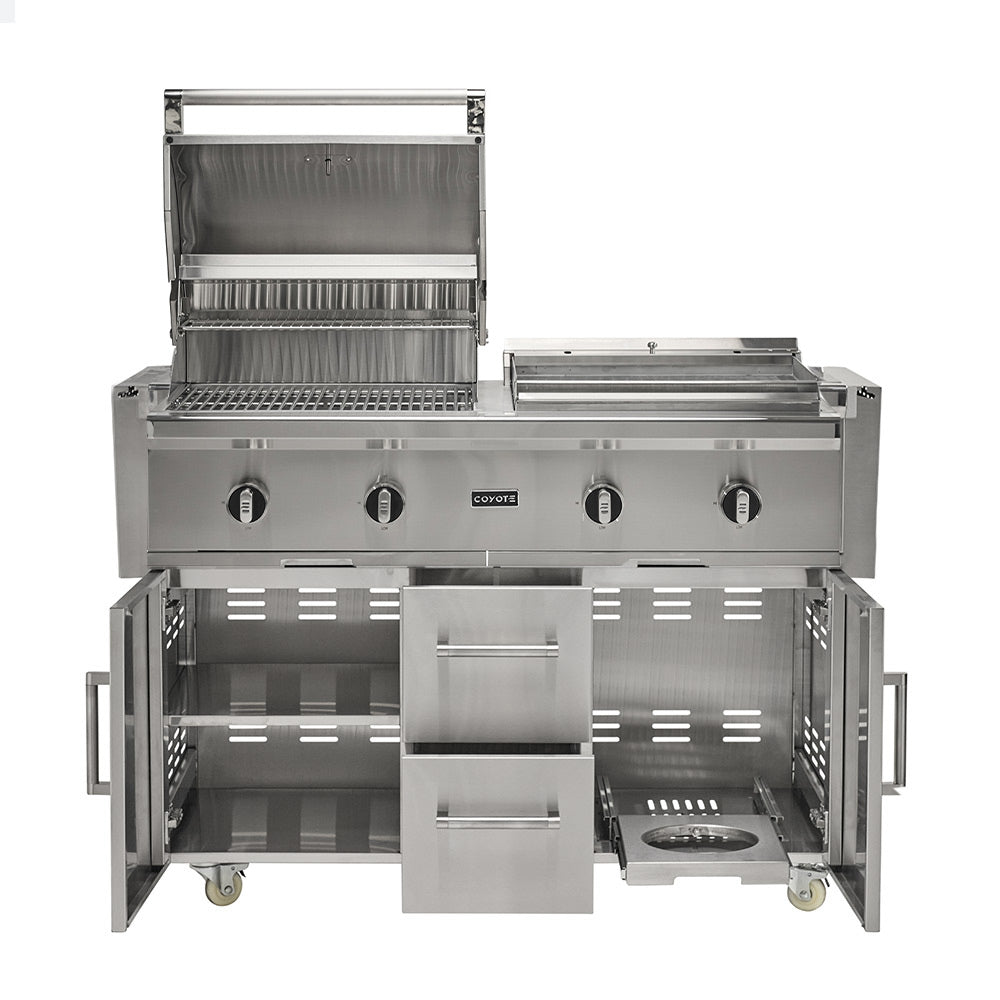 Stainless steel freestanding grill open with cooking grates, burners, and storage doors