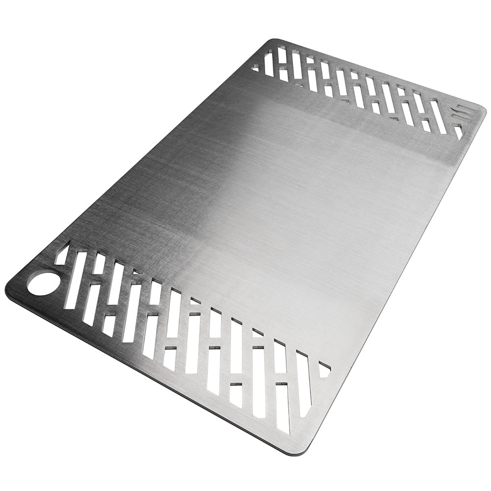 Metal griddle grate with cutout vents and corner handle cutouts