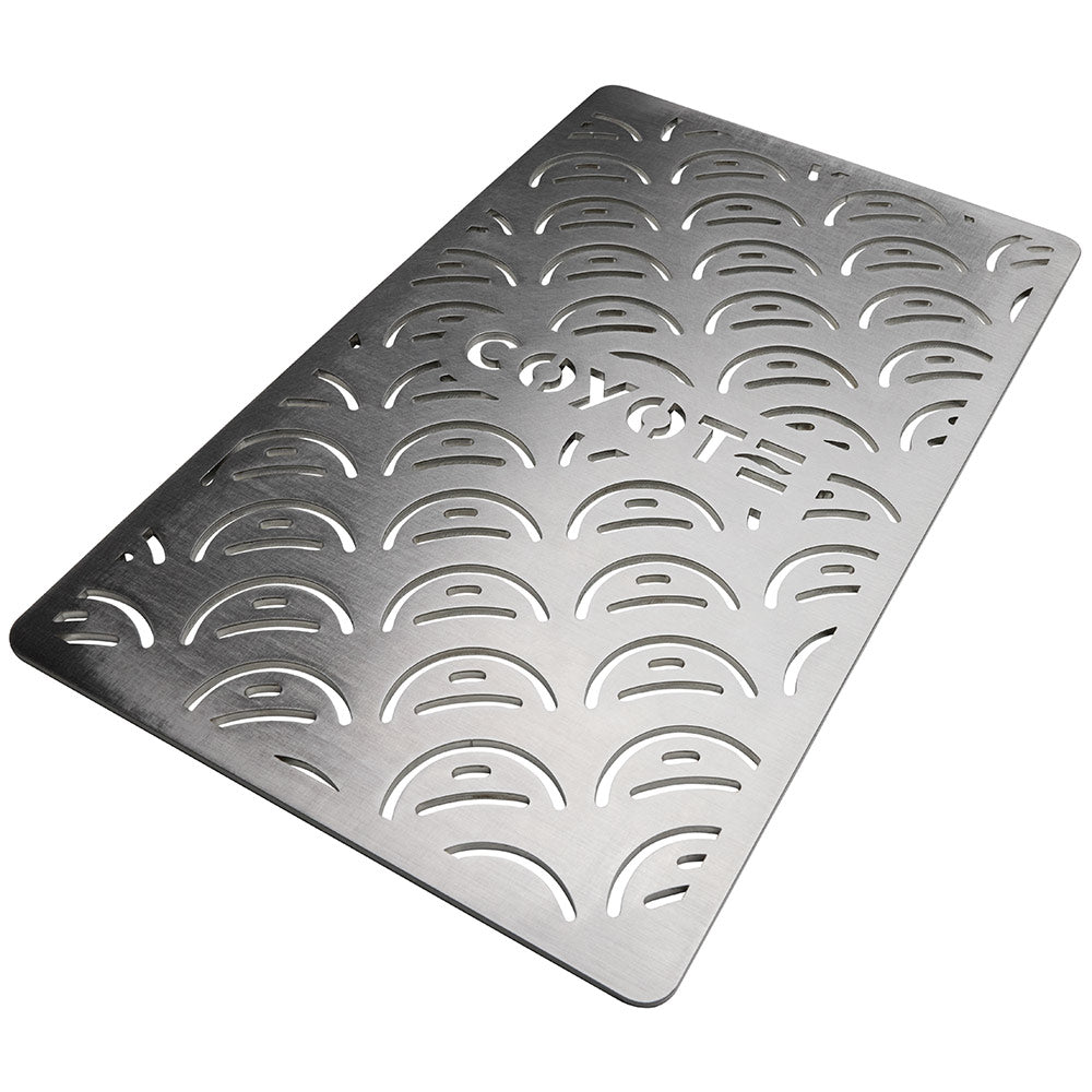 Square metal vegetable grate with raised Coyote logo and arc-hole pattern