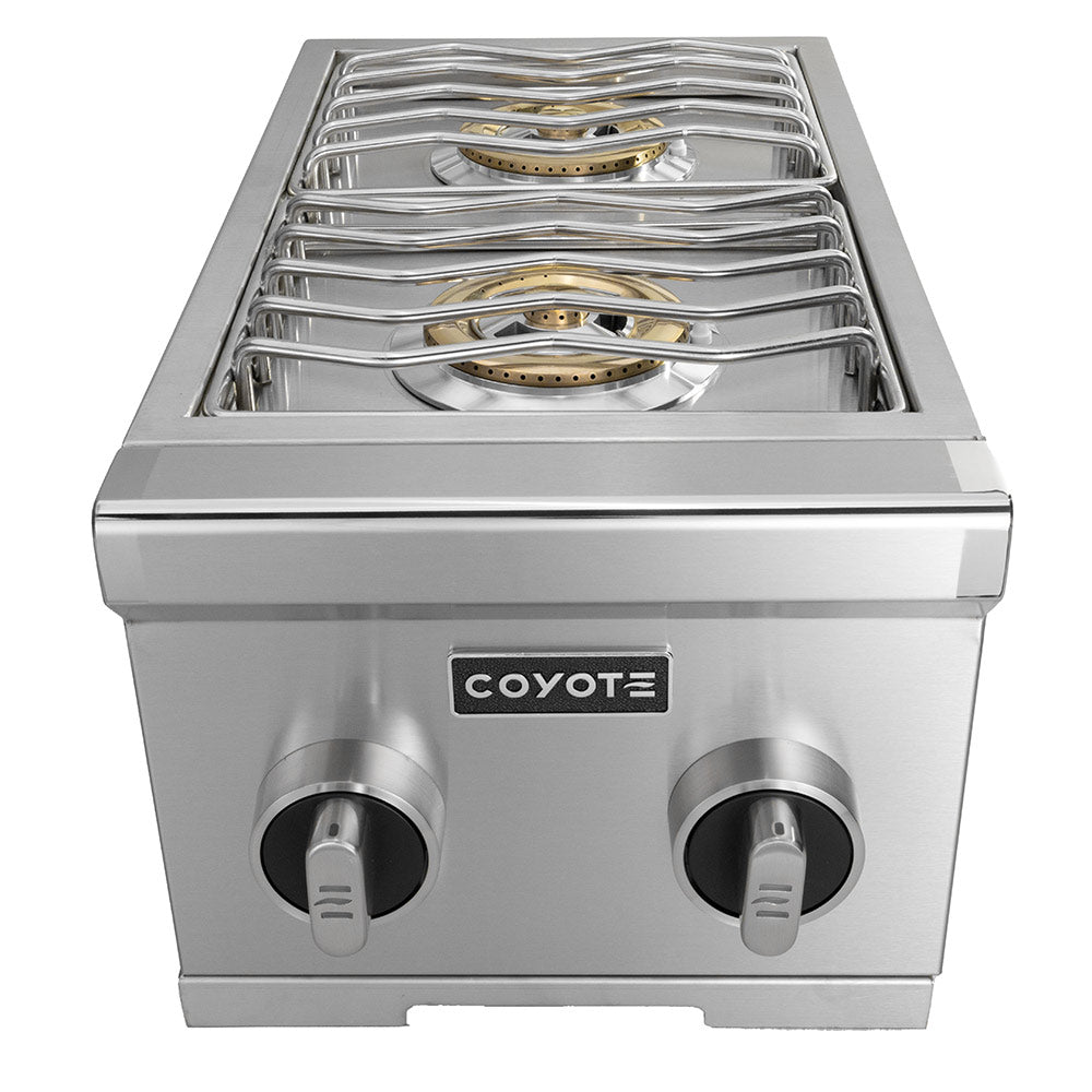 Stainless steel double side burner with two grates and control knobs