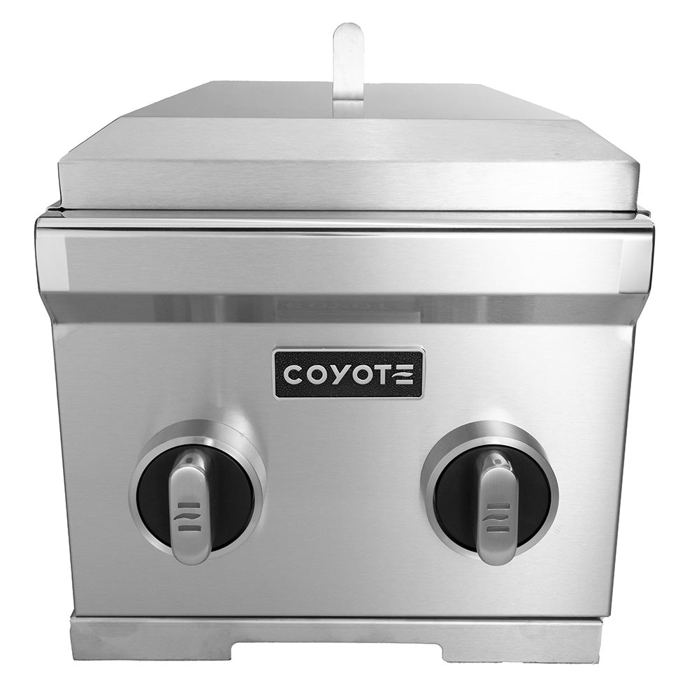 Stainless steel double side burner with two front control knobs and Coyote logo
