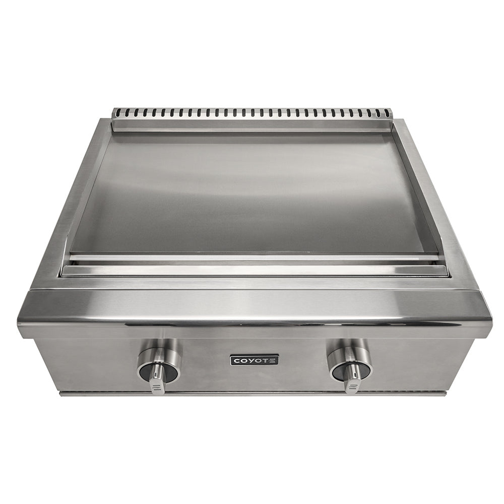 Stainless steel flat top griddle with open cooking surface and front controls