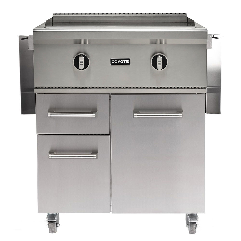 Stainless steel freestanding flat top griddle with side shelves and control knobs