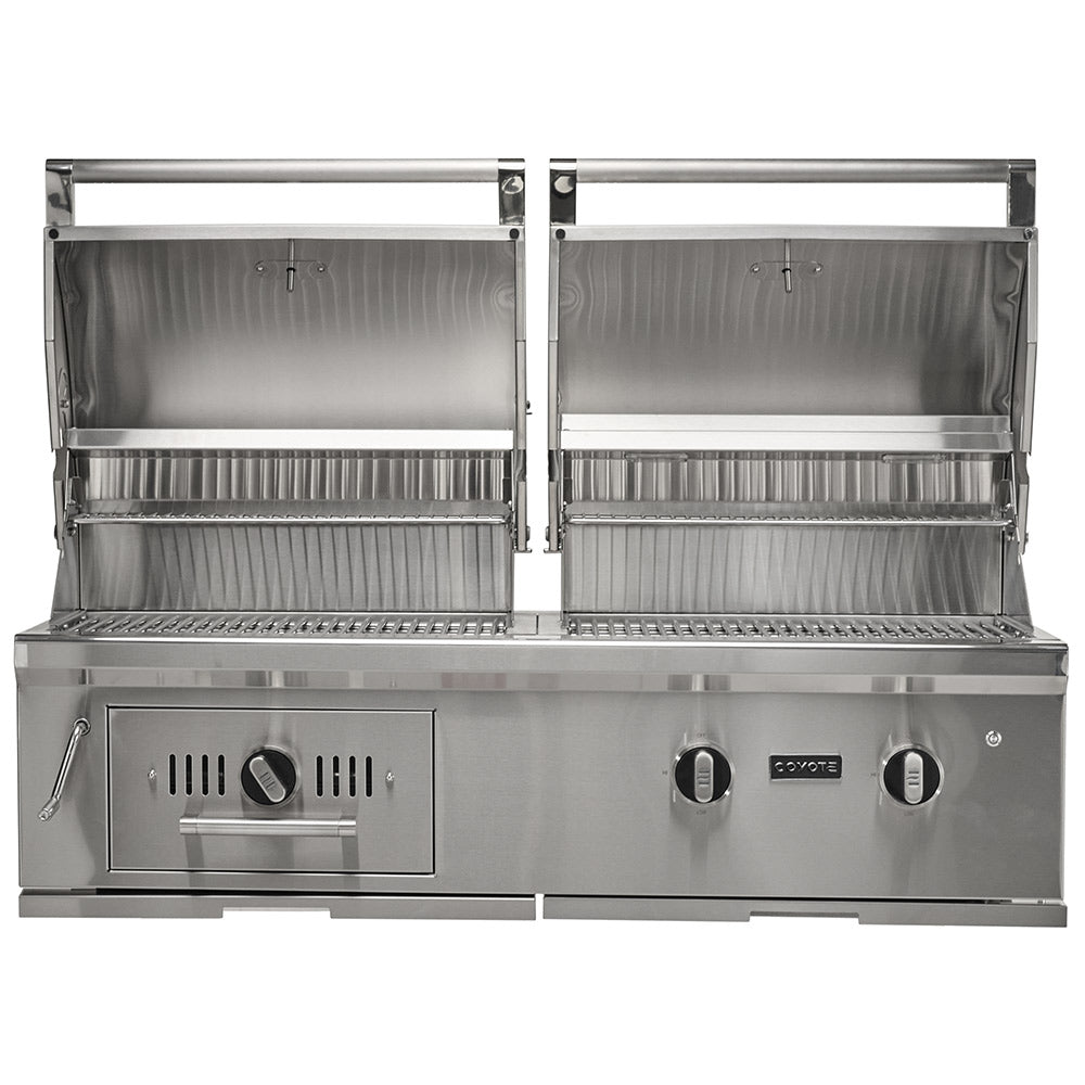 Built-in hybrid grill with open hood showing two cooking areas and front control knobs