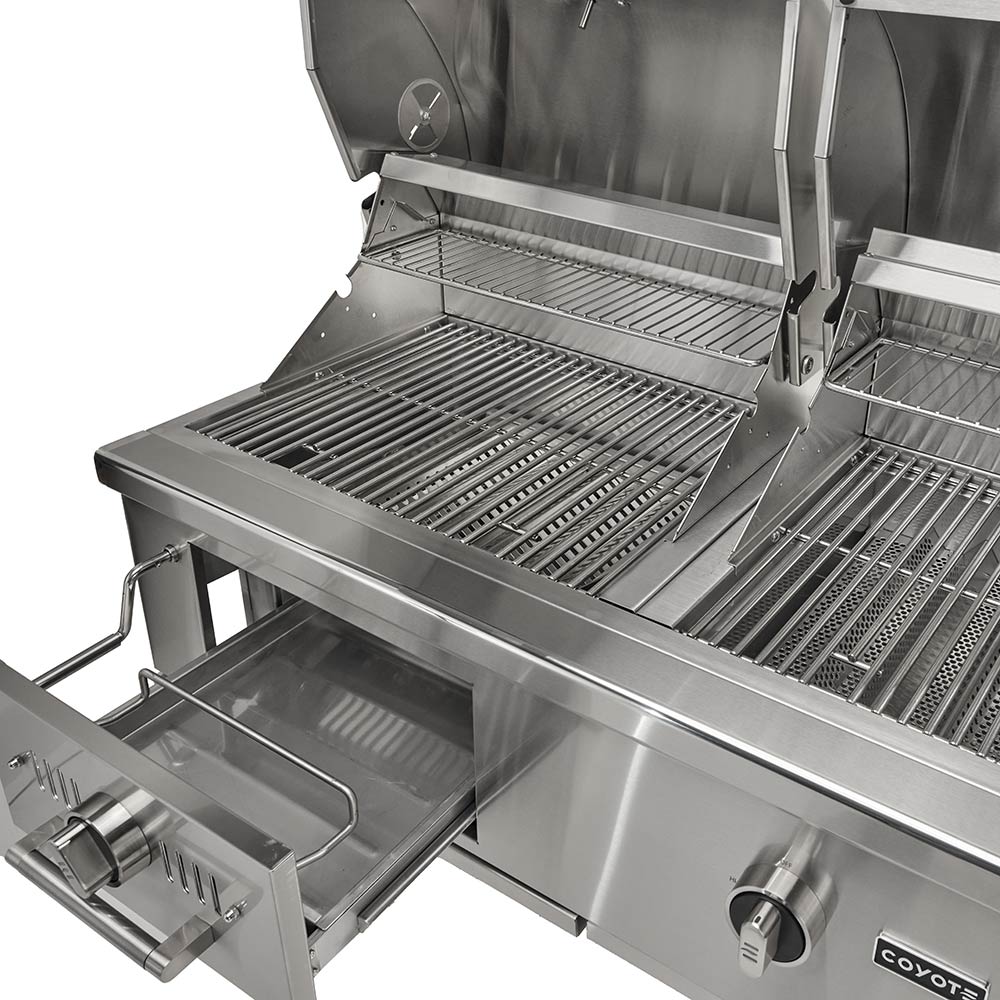 Stainless steel hybrid grill with open hood and two grilling grate sections