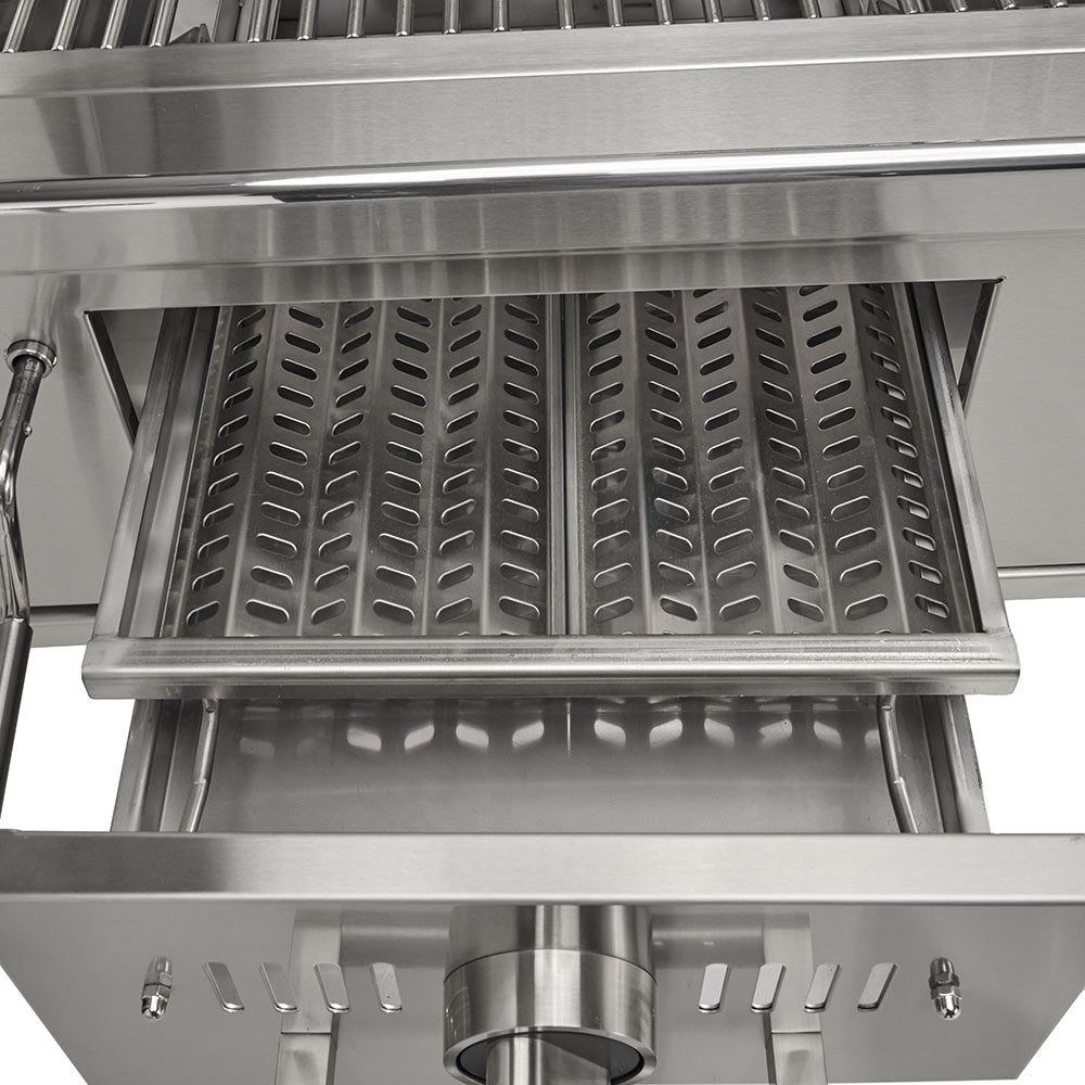 Built-in hybrid grill firebox with perforated metal liners and front burner tray