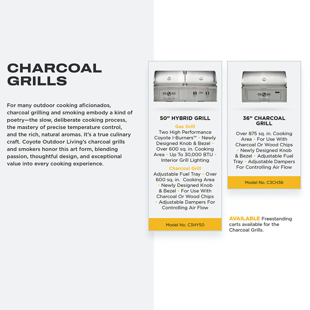 Charcoal grills brochure page with grill photos and product information blocks