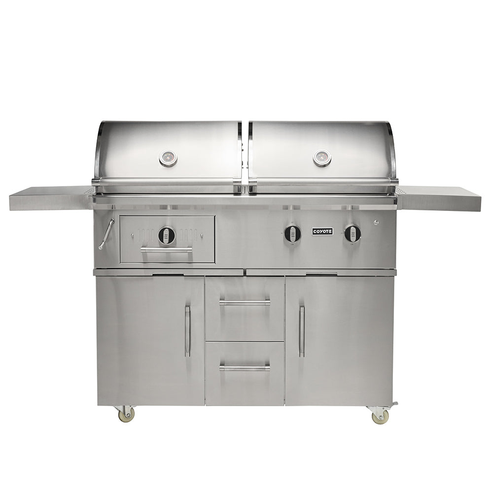 Stainless steel freestanding hybrid grill with side shelves and front control knobs