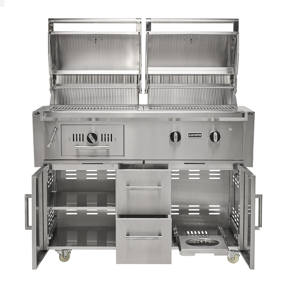 Open stainless steel grill with dual burners, charcoal tray, and warming panel
