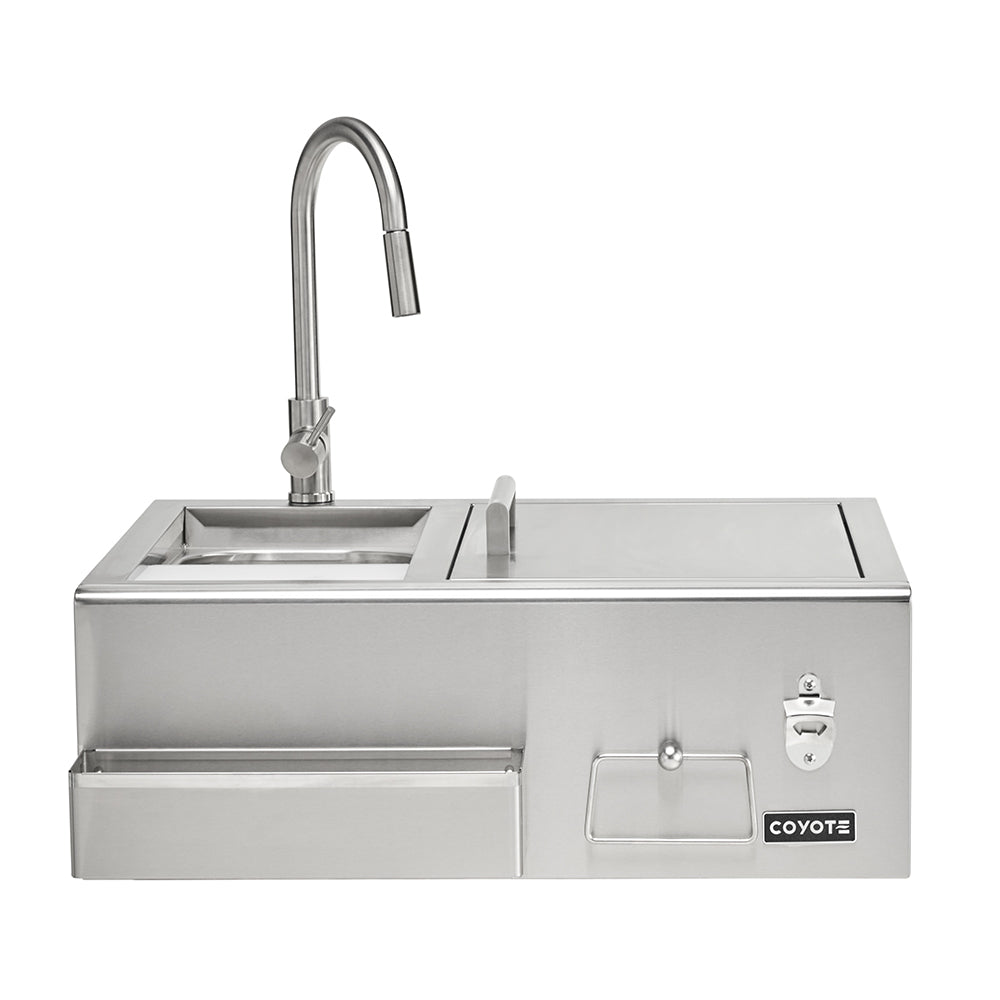 Stainless steel refreshment center with sink, tall gooseneck faucet, and front storage drawer